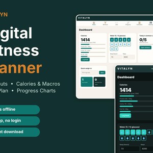 Könnte beinhalten: Ein digitaler Fitnessplaner von Vitalyn, dargestellt auf einem Tablet- und Smartphone-Bildschirm. Die Benutzeroberfläche zeigt ein Dashboard mit Kalorienverfolgung, Wasseraufnahme und Trainingsprotokollen. Der Text umfasst Digital Fitness Planner, Workouts, Calories & Macros, Meal Plan, Progress Charts, Works offline, No app, no login und Instant download.