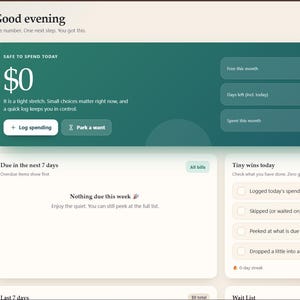 Könnte beinhalten: Ein digitales Budget-Dashboard mit dem Titel Brightpenny, das einen dunkelgrünen Header mit einem verfügbaren Guthaben von 0 $, eine Seitenleiste mit Navigationssymbolen sowie Bereiche für Rechnungen, Ausgaben und tägliche Aufgaben zeigt.