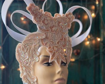 Peaches n Cream Beaded Large Headdress crown headpiece fascinator hat headdress costume fashion accessory