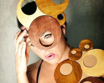 Dramatic Avant grade wood circles headpiece mask costume crown fascinator hat necklace, accessory set
