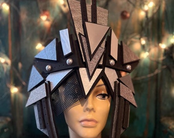 Brutix geometrisch metallic zilver futuristische hoofdtooi halo hoed kostuum hoofddeksel gespiegelde kroon hoofdtooi