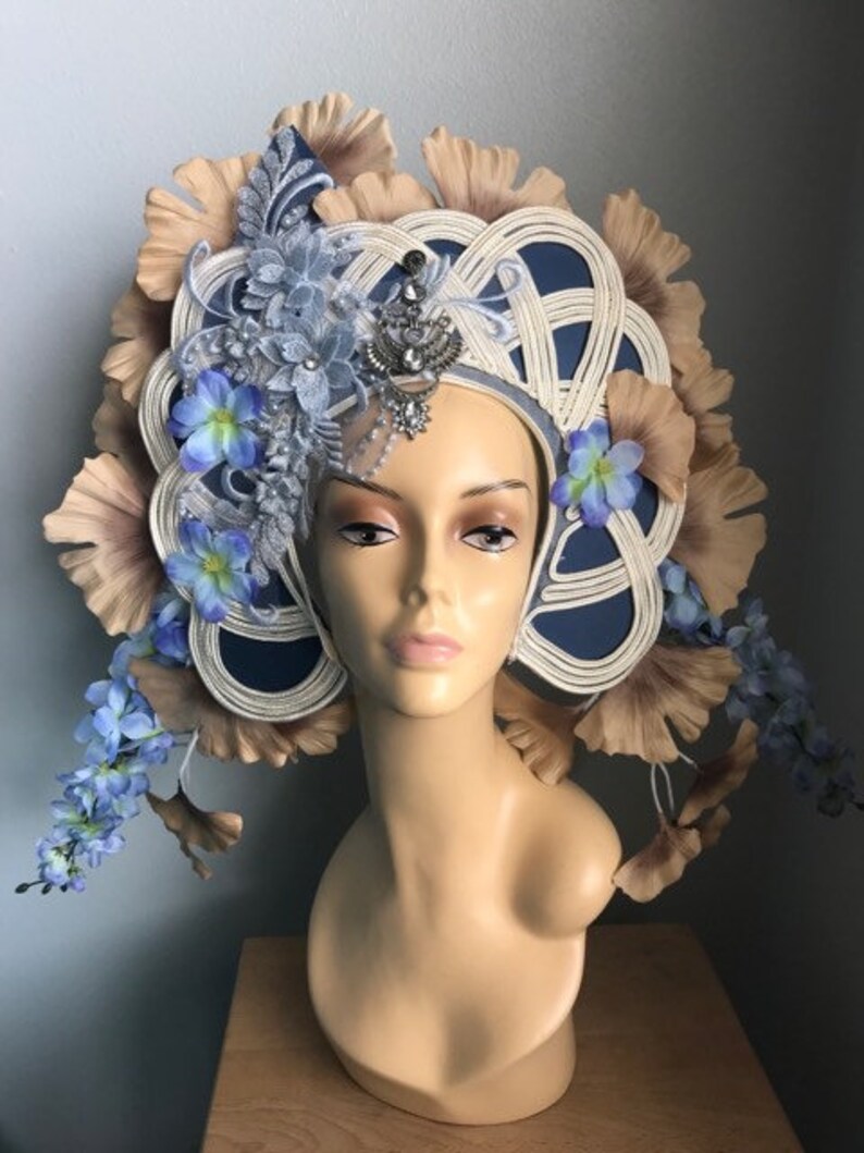 Taupe blue floral fan halo crown Art nouveau headpiece Etsy