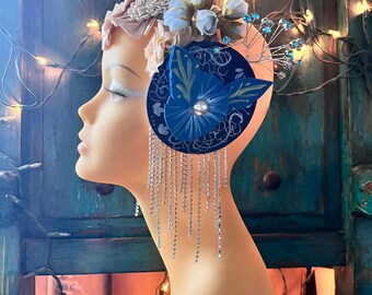 Mucha Inspired HANDPAINTED Blue Disc fringe Headdress Crown, Costume Fascinator Halo