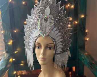 Silver Beaded Halo  Opulence Headdress crown headpiece hat headdress costume fashion accessory