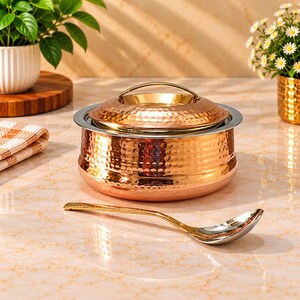 Handmade Hammered Copper Casserole with Lid, Ayurvedic Serving Pot (1000ml)