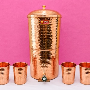 Hammered Copper Water Dispenser Set with Pitcher, Glasses | Ayurvedic Healing Water Pot