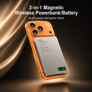 Peut inclure: Une batterie externe magnétique sans fil 3-en-1 fixée à un smartphone orange. Le bloc-batterie argenté porte l'inscription Q.MAG 10000mAh, Qi2 15W et OLED PD20W, avec un petit écran numérique indiquant 99 pour cent de charge restante.