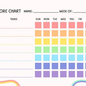 Puede incluir: Una tabla de tareas con el texto CHORE CHART, NAME y WEEK OF. Presenta una cuadrícula de cuadrados coloridos en orden de arcoíris para cada día de la semana, con líneas discontinuas para las tareas y un corazón morado en la esquina.