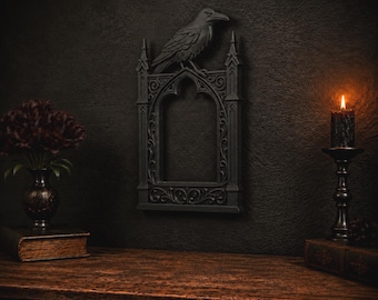 Marco de pared gótico con forma de catedral del cuervo, marco de fotos con arco medieval, decoración estilo academia oscura, marco victoriano ornamentado, acento gótico del cuervo para el hogar.