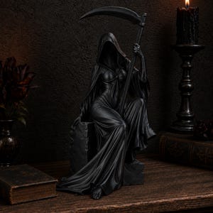May include: A matte black figurine of a hooded figure in a long flowing gown, seated on a stone-like block while holding a large scythe. The figure features a draped cloak and a concealed face, rendered in a solid dark finish with detailed folds.