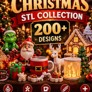 Pode incluir: Uma coleção digital de mais de 200 designs STL de Natal da DavenLabs com figuras impressas em 3D, incluindo um personagem verde, Papai Noel, uma rena, uma casa de gengibre e uma caneca. Ícones abaixo rotulam categorias: decorações, personagens flexíveis, canecas, recipientes, cortadores de biscoito e rolos de textura.