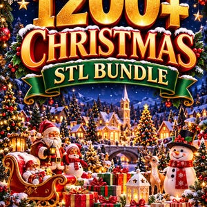 Puede incluir: Un gráfico digital con el texto 1200+ CHRISTMAS STL BUNDLE en letras doradas y blancas. La escena muestra un pueblo nevado con Santa Claus en un trineo rojo, un muñeco de nieve, un reno, regalos envueltos y linternas decorativas.