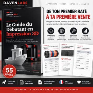 Peut inclure: Un livre noir de 55 pages intitulé Le Guide du Débutant en Impression 3D par Davenlabs. La couverture présente un modèle de bateau imprimé en 3D blanc. Les pages intérieures montrent des tableaux de matériaux, de dépannage et de calculs de prix.