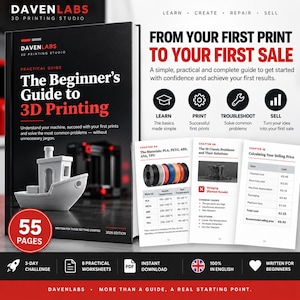 Könnte beinhalten: Ein 55-seitiger Leitfaden mit dem Titel The Beginner's Guide to 3D Printing von Davenlabs. Das Cover zeigt ein weißes 3D-gedrucktes Boot. Die Innenseiten enthalten Kapitel zu Materialien, Fehlerbehebung und der Berechnung von Preisen in Euro.
