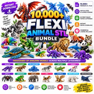 Könnte beinhalten: Ein digitales Paket mit über 10.000 flexiblen Tier-STL-Dateien für den 3D-Druck, darunter bewegliche Modelle von Drachen, Dinosauriern, Säugetieren, Reptilien und Meerestieren. Die Grafik zeigt verschiedene bunte, flexible Tierfiguren und Textbeschriftungen.