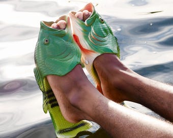 May include: A pair of slip-on sandals shaped like green fish with textured scales, dark vertical stripes, and open mouths at the toe area. The sandals feature realistic details including eyes, fins, and a gradient color pattern transitioning from green to white.