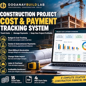 Puede incluir: Un portátil que muestra un panel de control de seguimiento de costes y pagos de proyectos de construcción con gráficos y datos financieros. La pantalla muestra costes, seguimiento de pagos y rentabilidad. Incluye plantillas de Excel y formularios PDF.