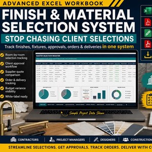 Può includere: Una cartella di lavoro Excel avanzata per un sistema di selezione di finiture e materiali. L'interfaccia digitale mostra un registro di selezione principale con grafici e dati. Include un sistema Excel a 18 schede e moduli PDF in formato A4.