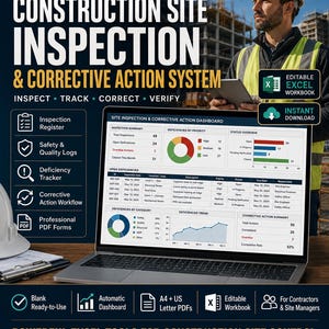 May include: An Advanced Excel Workbook for Construction Site Inspection and Corrective Action System. The digital dashboard displays inspection summaries, deficiency charts, and tracking tables on a laptop screen. Includes editable Excel files and PDF forms for contractors and site managers to inspect, track, correct, and verify site safety and quality logs.