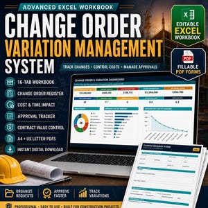Op de afbeelding: Een geavanceerd Excel-werkboek voor Change Order Variation Management, met een systeem van 16 tabbladen, een wijzigingsregister, kosten- en tijdimpactanalyse en goedkeuringsvolger. Inclusief invulbare A4 PDF-formulieren voor bouwprojecten.