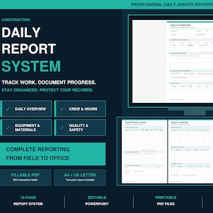 May include: A professional daily jobsite reporting system for contractors featuring a 12-page fillable PDF set. The dark blue and teal layout displays forms for daily overview, crew and hours, equipment and materials, quality and safety, and extra work tickets in A4 and US letter sizes.