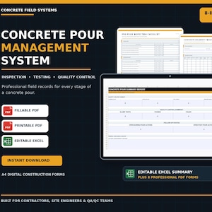 Concrete Pour Management System | Pre-Pour Checklist, Slump Test Log, Fillable PDF & Editable Excel