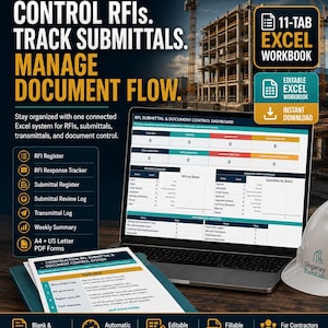 May include: An Advanced Excel Workbook for construction document control displayed on a laptop screen and printed document. The dashboard features RFI and submittal trackers, performance indicators, and status logs. Includes a white hard hat.