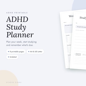 May include: A printable ADHD Study Planner with dark text on white pages. The layout includes a Study Session Planner with sections for goals, tasks, and a distraction parking list. Text includes ADHD Printable, ADHD Study Planner, Plan your week, start studying and remember what's due, 8 printable pages, A4 & US Letter, Undated, and Instant Download.