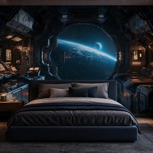 May include: A bedroom featuring a large wall mural of a futuristic spaceship cockpit interior with a circular window looking out onto a glowing blue planet and space. The bed is dark grey with matching pillows and a dark grey duvet cover.