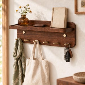 Walnut Key Holder Wall, Key Rack with Shelf, Brass Hooks, Entryway Organizer