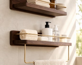 Walnut/Beech Shelf with Towel Bar, Wall Mounted Floating Storage Rack