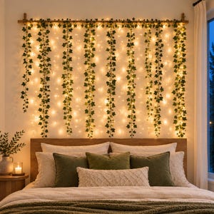 Pode incluir: Uma haste de madeira horizontal montada na parede, com vários fios verticais de trepadeiras de hera verde artificial entrelaçadas com luzes de corda brancas quentes que pendem criando um efeito de cortina decorativa.