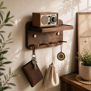 May include: A wall-mounted dark wood shelf featuring a rectangular top surface and a lower panel with four brass hooks. A small wooden radio sits on the shelf. Items hanging from the hooks include a brown leather wallet with keys and a beige pouch.