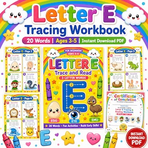 May include: A digital Letter E Tracing Workbook for children ages 3-5, featuring colorful pages with 20 words to trace and read. The cover displays a large letter E, a cartoon egg, an eye, and an emu, surrounded by rainbows and clouds.