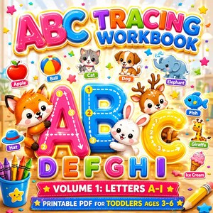 May include: An ABC Tracing Workbook cover featuring colorful letters A, B, and C with directional arrows, surrounded by illustrations of a fox, rabbit, cat, dog, elephant, and other items. The text reads ABC Tracing Workbook Volume 1: Letters A-I.