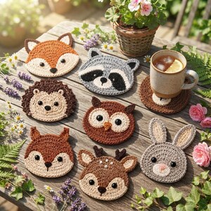 May include: A collection of eight round crochet coasters featuring animal faces including a fox, raccoon, hedgehog, owl, squirrel, deer, and rabbit, with one coaster placed under a ceramic mug containing a beverage with a lemon slice.