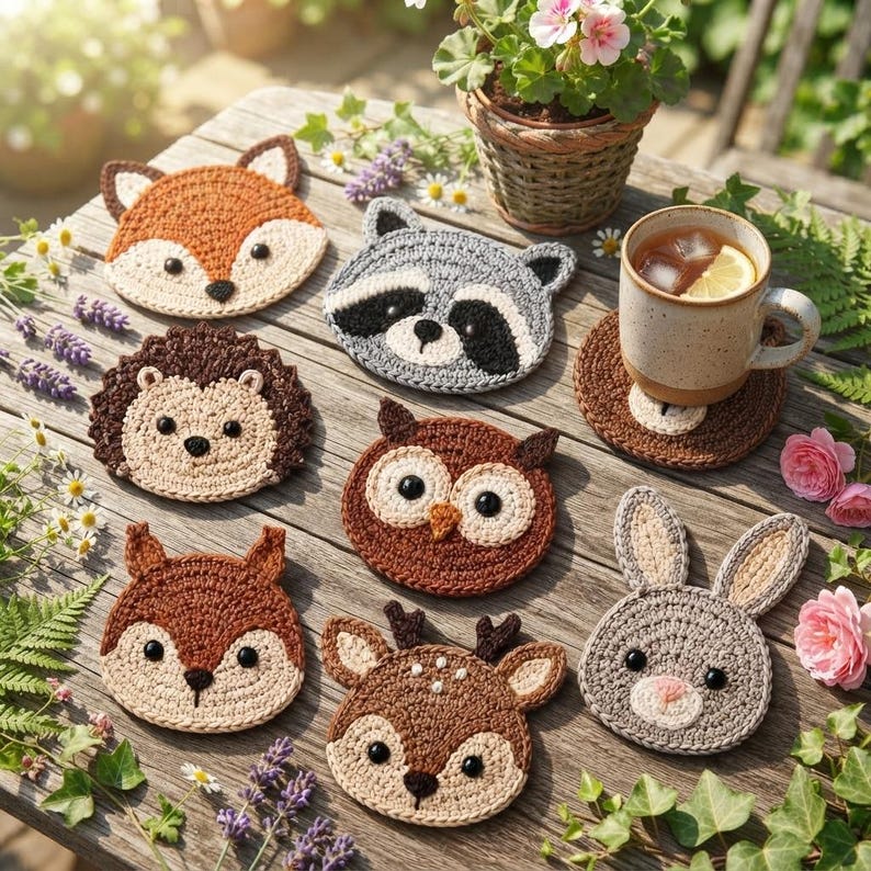 May include: A collection of eight round crochet coasters featuring animal faces including a fox, raccoon, hedgehog, owl, squirrel, deer, and rabbit, with one coaster placed under a ceramic mug containing a beverage with a lemon slice.