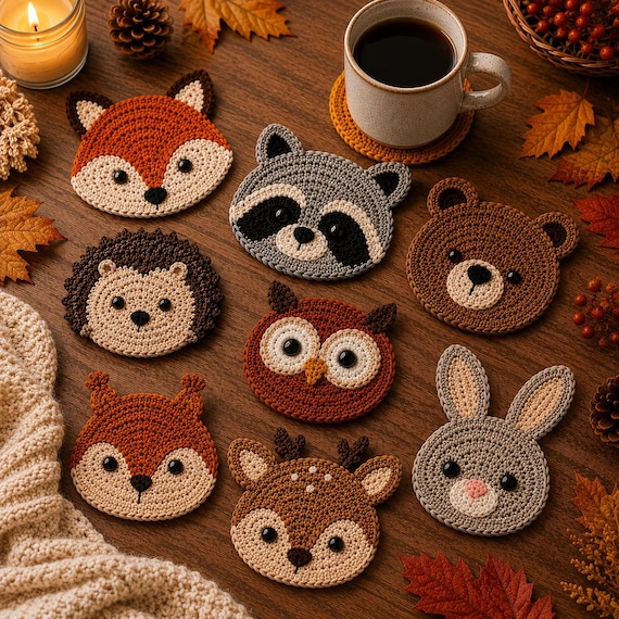 Crochet Woodland Coaster Set Pattern PDF | Hedgehog Bunny Fox Owl Coasters | Autumn Crochet Coasters |Fall Table Decor | Thanksgiving Decor