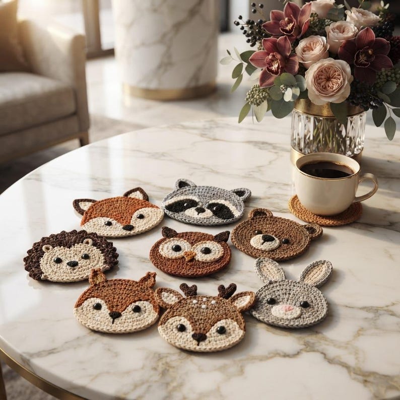 May include: A collection of eight round crochet coasters featuring animal faces including a fox, raccoon, hedgehog, owl, bear, deer, and rabbit. Each coaster is crafted with textured yarn in shades of brown, gray, cream, and black, arranged on a white marble surface.