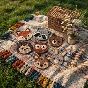 May include: A collection of eight round crochet animal appliques featuring a fox, raccoon, bear, hedgehog, owl, deer, and rabbit, arranged on a woven blanket with a wicker picnic basket and a small vase of wildflowers nearby.