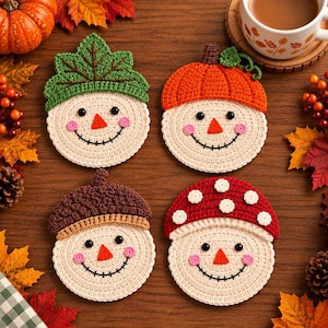 Patrón PDF de posavasos de ganchillo para otoño, posavasos de hoja, bellota, seta y calabaza, juego de posavasos de ganchillo de muñeco de nieve para Navidad, decoración de mesa de invierno