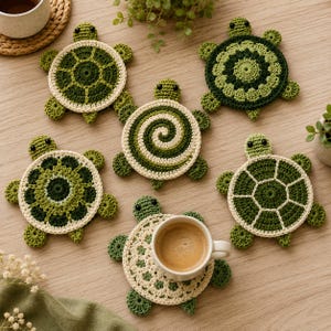 Puede incluir: Un conjunto de seis posavasos de ganchillo hechos a mano con forma de tortuga en varios tonos de verde y crema. Cada posavasos presenta un diseño de caparazón circular con cabezas y aletas. Una taza blanca con café descansa sobre uno de ellos.