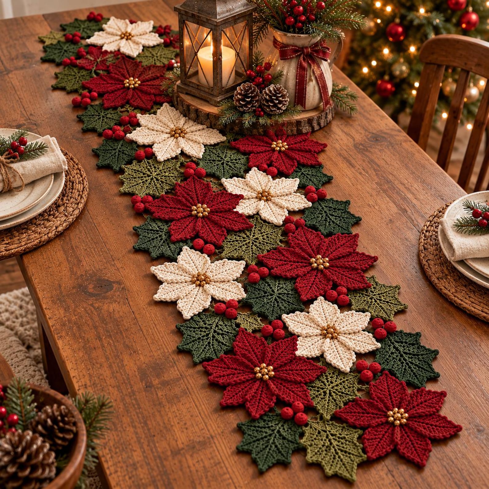 Christmas Crochet Table Runner Pattern PDF | Poinsettia & Holly Leaves ...