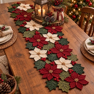 Christmas Crochet Table Runner Pattern PDF | Poinsettia & Holly Leaves Pattern | Christmas Rustic Table Decor | Crochet Holiday Decor