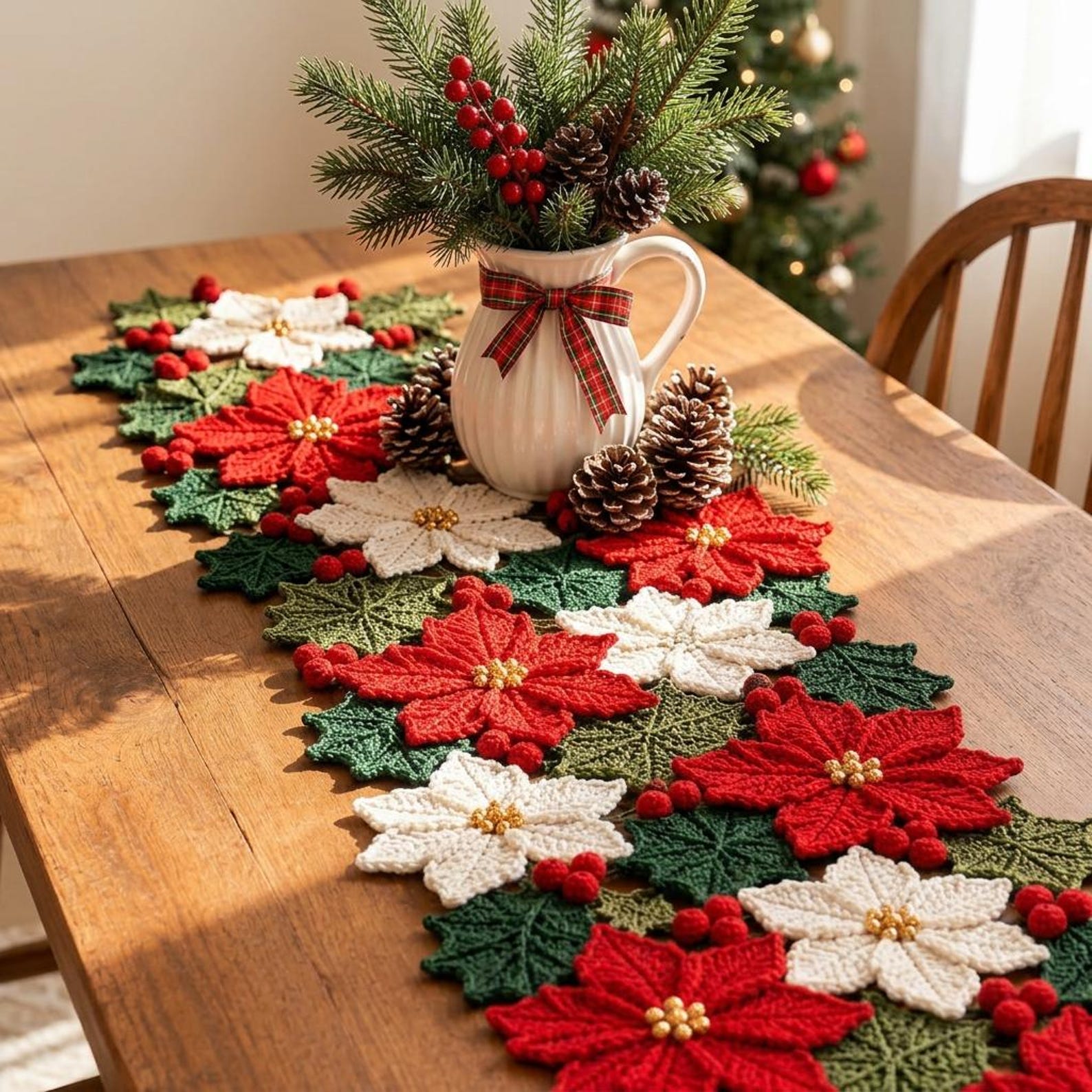 Christmas Crochet Table Runner Pattern PDF | Poinsettia & Holly Leaves ...