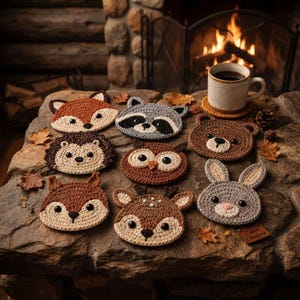 May include: A collection of eight round crochet coasters shaped like woodland animals, including a fox, raccoon, hedgehog, owl, bear, squirrel, deer, and rabbit. Each coaster features stitched facial details and dark button eyes.