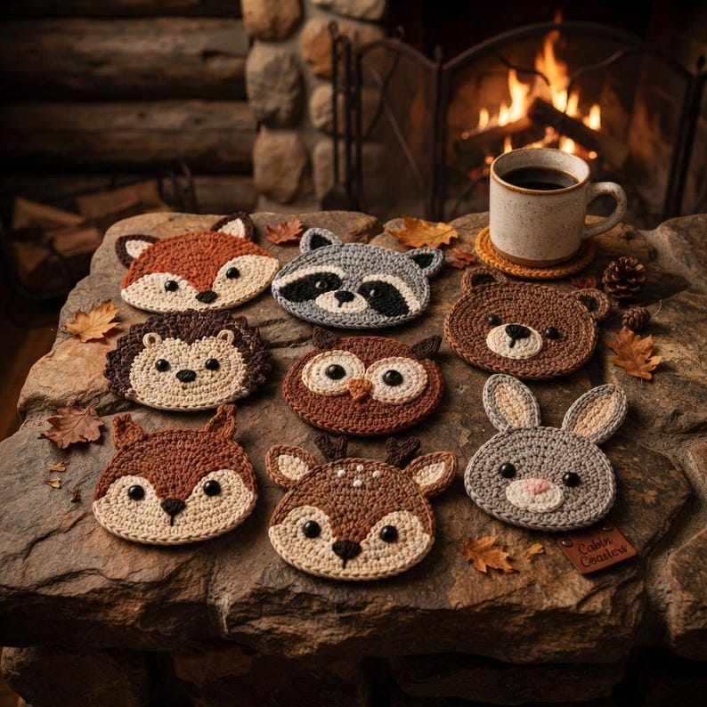 May include: A collection of eight round crochet coasters shaped like woodland animals, including a fox, raccoon, hedgehog, owl, bear, squirrel, deer, and rabbit. Each coaster features stitched facial details and dark button eyes.
