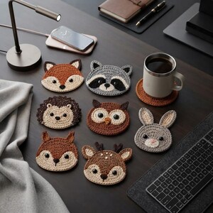 May include: A collection of eight round crochet coasters shaped like animal faces, including a fox, raccoon, hedgehog, owl, rabbit, squirrel, and deer. Each coaster features detailed stitching, dark bead eyes, and distinct colors representing the specific animal.
