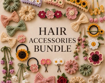 May include: A collection of crochet hair accessories including scrunchies, hair clips, bows, and floral hair ties. The text HAIR ACCESSORIES BUNDLE is centered in the middle. The items feature various floral designs in pink, green, yellow, and white.