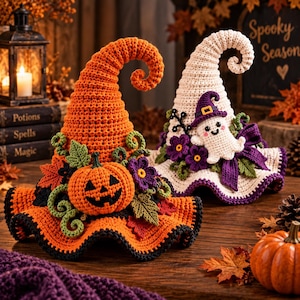 Pode incluir: Dois chapéus de bruxa de crochê com pontas enroladas. O chapéu laranja apresenta uma abóbora, folhas verdes e flores roxas. O chapéu creme apresenta um pequeno fantasma com um chapéu roxo, flores roxas e um laço roxo.
